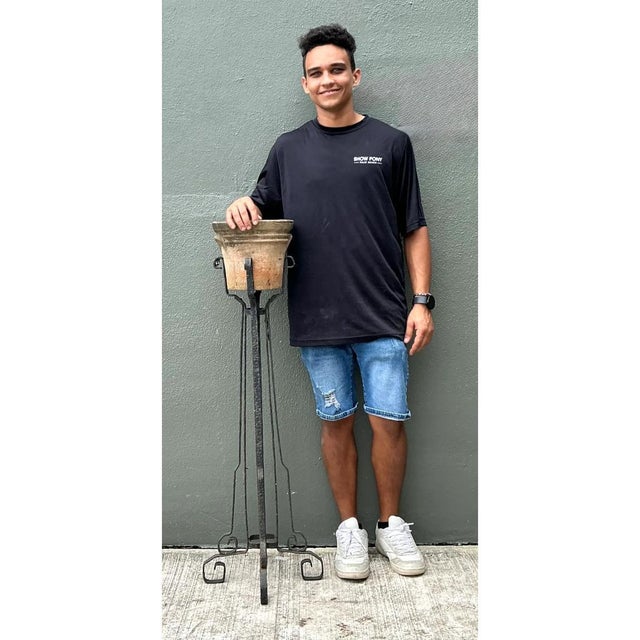 Rustic Vintage Hammered Iron and Wells Cement Planter Stand For Sale - Image 3 of 13