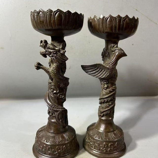 Pair of Bronze Dragon & Phoenix Candlesticks – 6.7" Figural Candle Holders For Sale In Los Angeles - Image 6 of 9