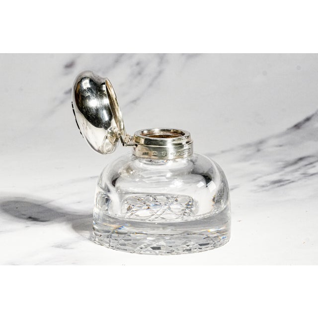 Beautiful Large Antique English Edwardian Sterling Silver Cut Crystal Hobnail Paperweight Desk Inkwell Home Decor For Sale - Image 11 of 16