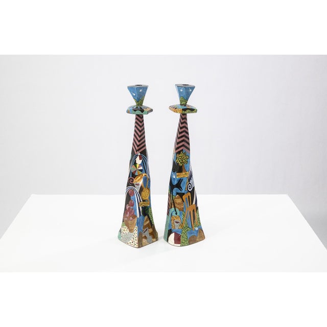 Postmodern Robert Lipnick Candlestick Holders 1994 Signed Hand Painted Pottery Postmodern For Sale - Image 3 of 7