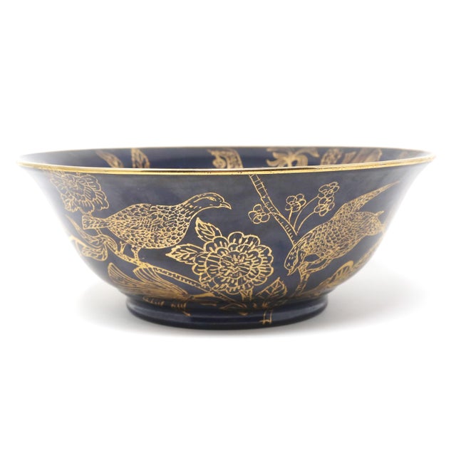 Navy Blue & Gold Chinoiserie Porcelain Bowl With Quail, Pears & Flowers For Sale - Image 4 of 9