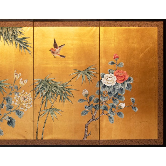 1970s "Chrysanthemums and Sparrows", Antique Style Chinoiserie Painted Screen For Sale - Image 4 of 18
