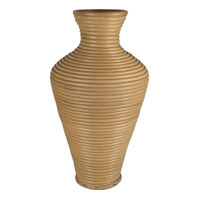 Large Mid-Century Modern Coiled Rattan Floor Vase, 1970s For Sale