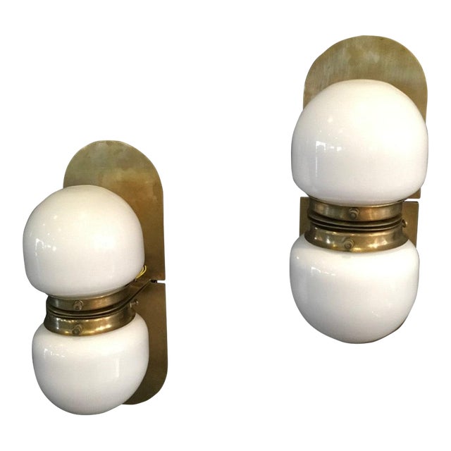 1940s Pair Vintage Art Deco Light Old Lamp Wall Sconces Fixture Brass & Milk Glass Shade Lamp Ship Light For Sale