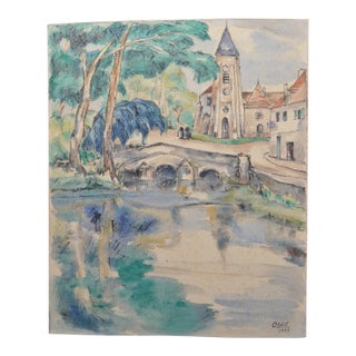 1929 Ogui European Modernist Village Landscape Watercolor & Gouache For Sale