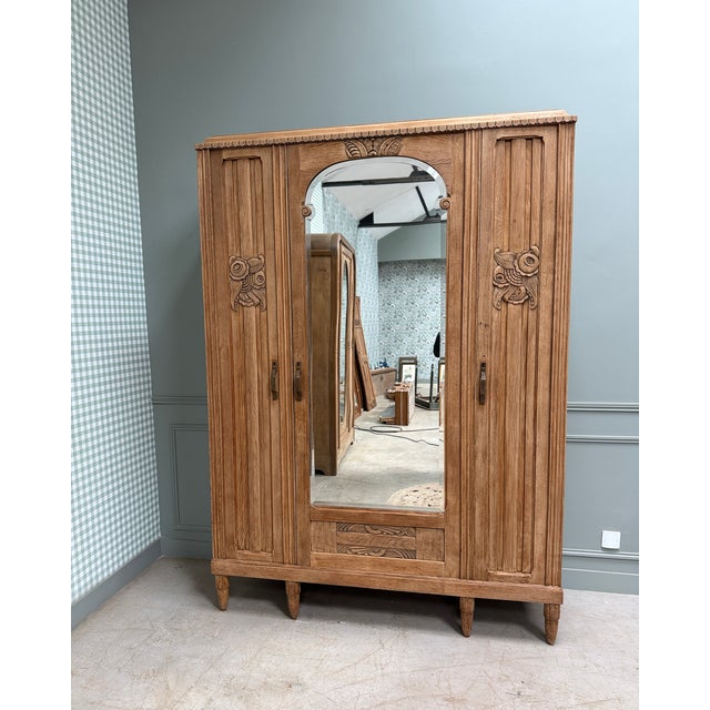 Art Deco Three-Door Oak Wardrobe, 1930s For Sale - Image 9 of 12