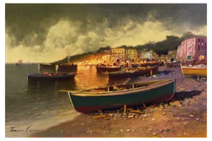 Carmine Zenna, Coastal Evening Scene in Naples, Oil on Canvas, 1980s