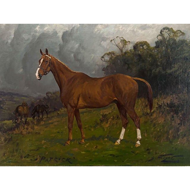 Here is a classic equestrian portrait painting of ‘Patrick,’ a chestnut hunter in a landscape by George Wright (British,...
