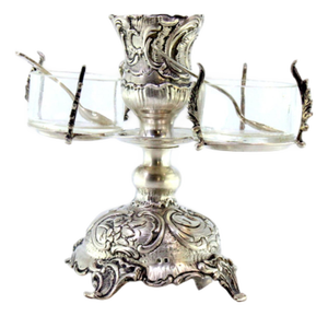 Embossed Silver and Glass Candlestick with Salt and Pepper Shakers and Spoons, Set of 3