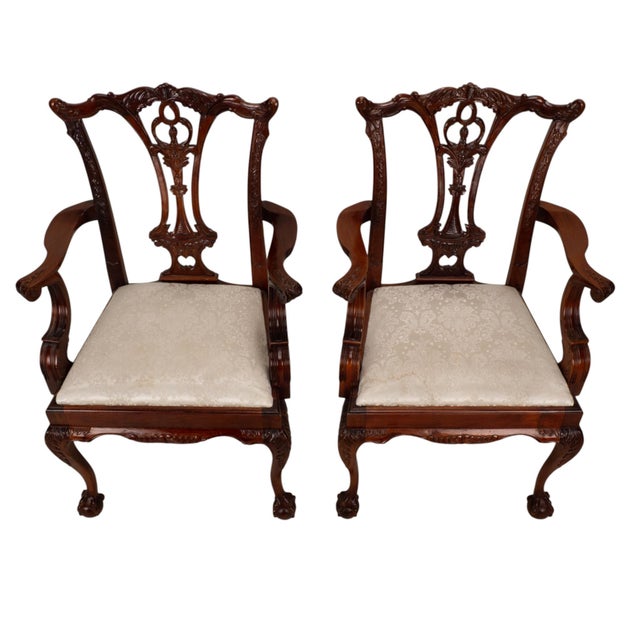 Pair Antique Chippendale Revival Carved Mahogany Ball & Claw Arm Chairs For Sale - Image 17 of 18