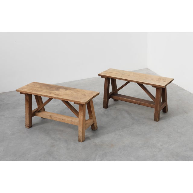 Antique French Rustic Oak Trestle Bench, 1890s For Sale - Image 10 of 14