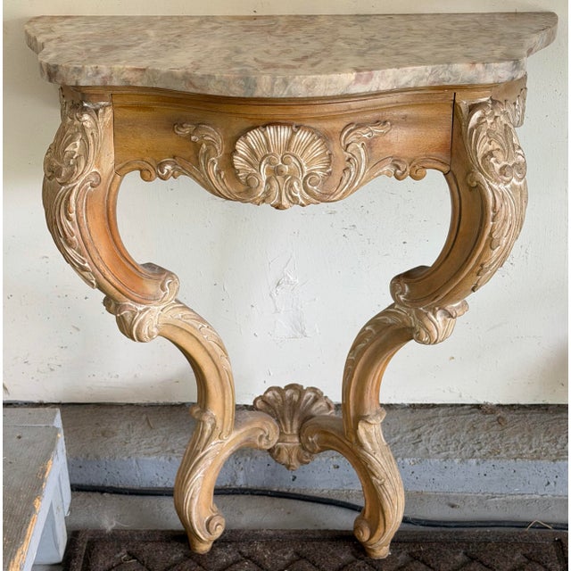 Vintage Marshall Field & Company Spanish Reproduction Marble-Top Demi-Lune Console Table For Sale - Image 4 of 9