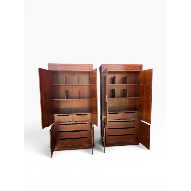 Henredon Late 20th Century Pair of Henredon Scene One Campaign Walnut Armoires With Brass Hardware For Sale - Image 4 of 15