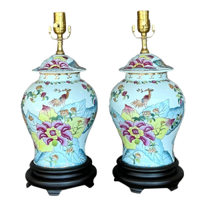 Vintage Asian Glazed Ceramic Landscape Lamps - A Pair