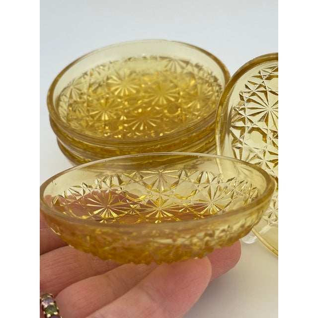 Art Deco Amber Glass Butter Pats – Eapg Daisy & Buttons – 5 Pc Early 1900s Pressed Glass For Sale - Image 3 of 6