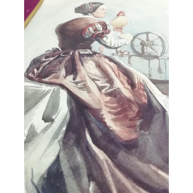 Woman Working at the Spinning Wheel, 1800s, Watercolour For Sale - Image 5 of 14