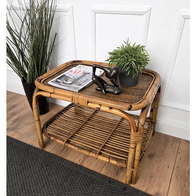 Tito Agnoli Bohemian French Italian Bamboo Rattan Riviera Side Accent Table by Tito Agnoli, 1960s For Sale - Image 4 of 9