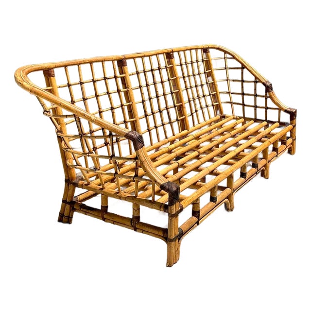 Vintage Woven Grid Rattan High Back Sofa For Sale