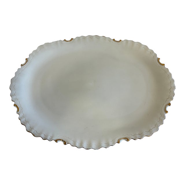 Vintage Italian White Oval Serving Platter With Gold Trim Scalloped Edge For Sale
