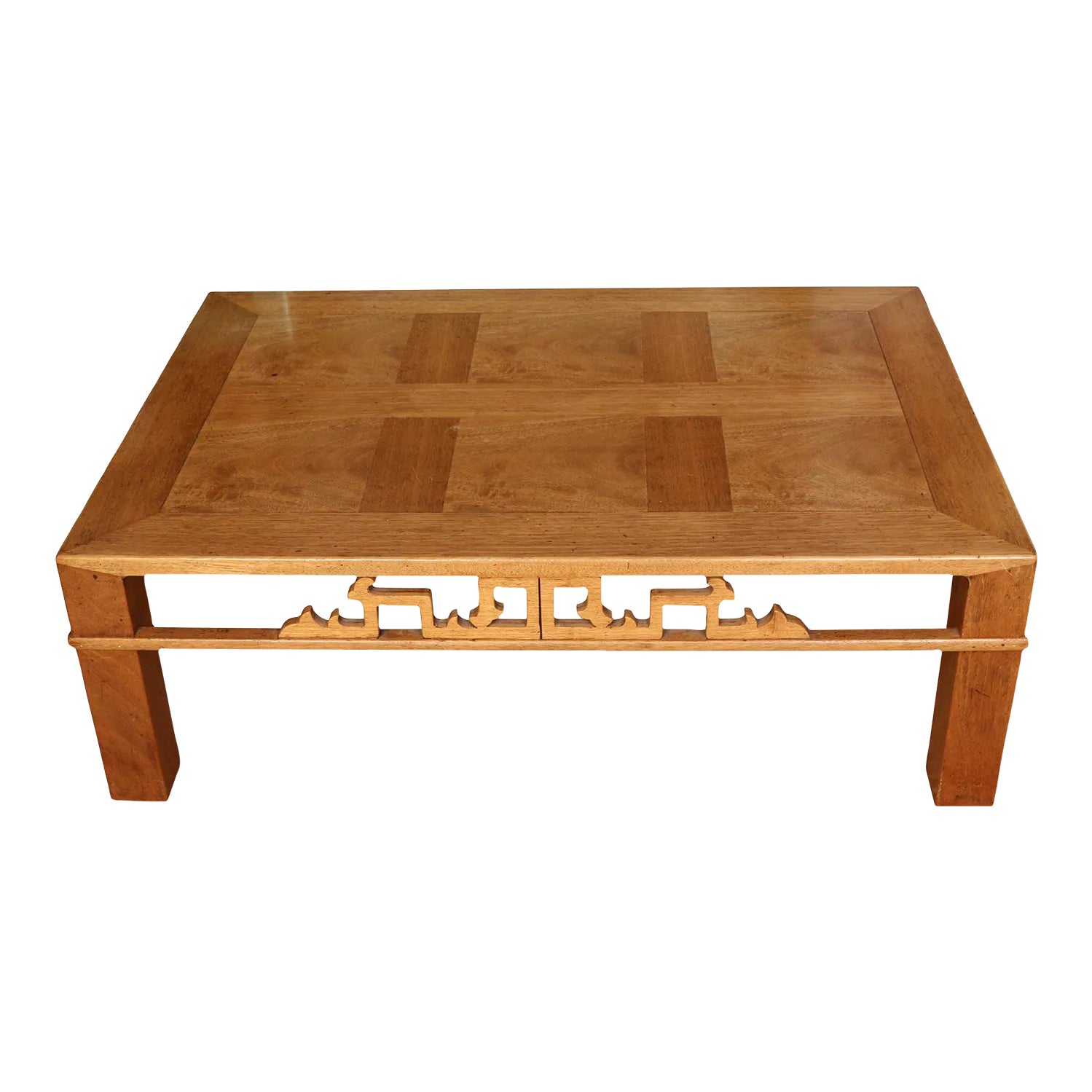 Asian Style Coffee Table With Parquetry Top and Carved Apron | Chairish