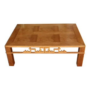 Asian Style Coffee Table With Parquetry Top and Carved Apron