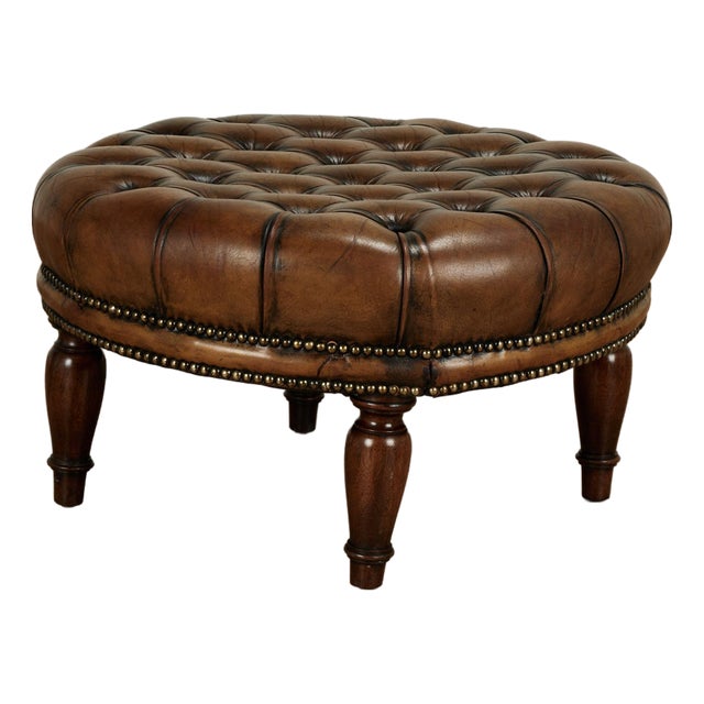 Vintage Button Tufted Leather Ottoman For Sale