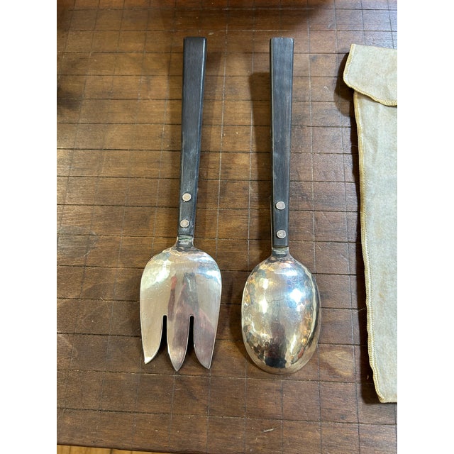Silver Collectible Pair of Adler Sterling Silver & Ebonized Wood Two Piece Salad Serving Set For Sale - Image 8 of 13