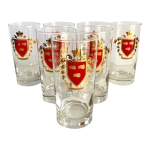 Vintage Scottish Robertson Family Crest Wolves Coat of Arms Highball Glasses Collins Tumblers - Set of 7