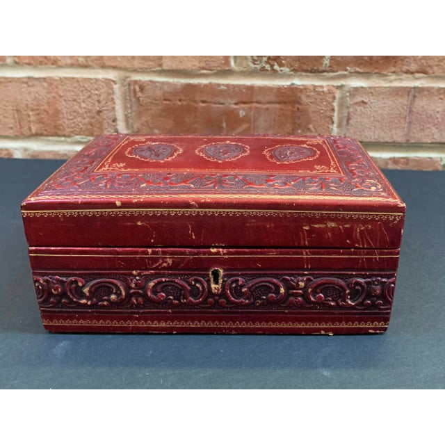 Vintage Italian Hand Tooled Red Leather Jewelry Box For Sale - Image 9 of 9