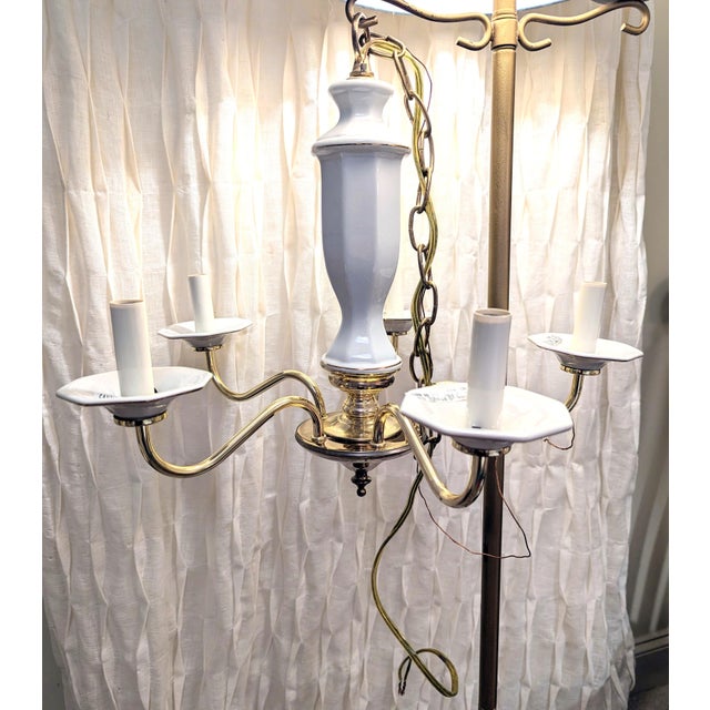 Traditional Vintage Brass & White Porcelain 5-Light Chandelier Gilded Georgian For Sale - Image 3 of 12