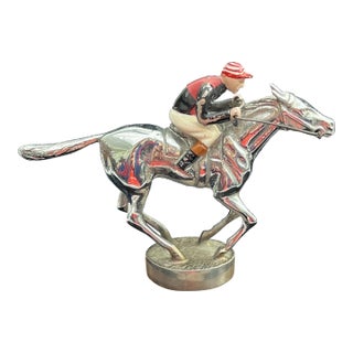 Lejeune Chrome Newmarket, Galloping Thoroughbred Racehorse W/ Black/ Red Enamel Jockey For Sale