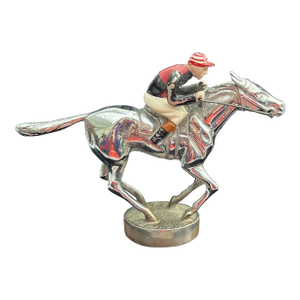 Lejeune Chrome Newmarket, Galloping Thoroughbred Racehorse W/ Black/ Red Enamel Jockey