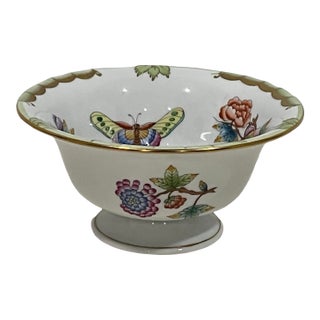 Mid 20th Century Herend Queen Victoria Footed Bowl Green Border Gold Rim 5.5"d X 2.75"h Pristine For Sale