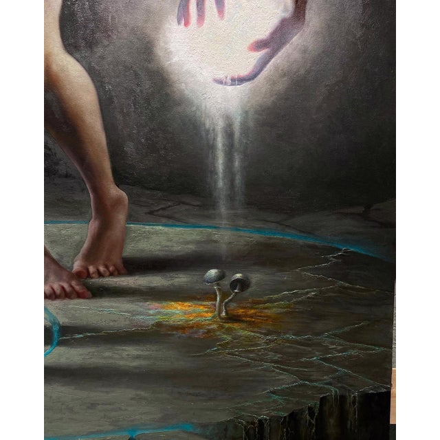 Surrealism Dancing with Duality by Christopher Remmers | Oil on linen Two figures interacting with light orbs. For Sale - Image 3 of 5