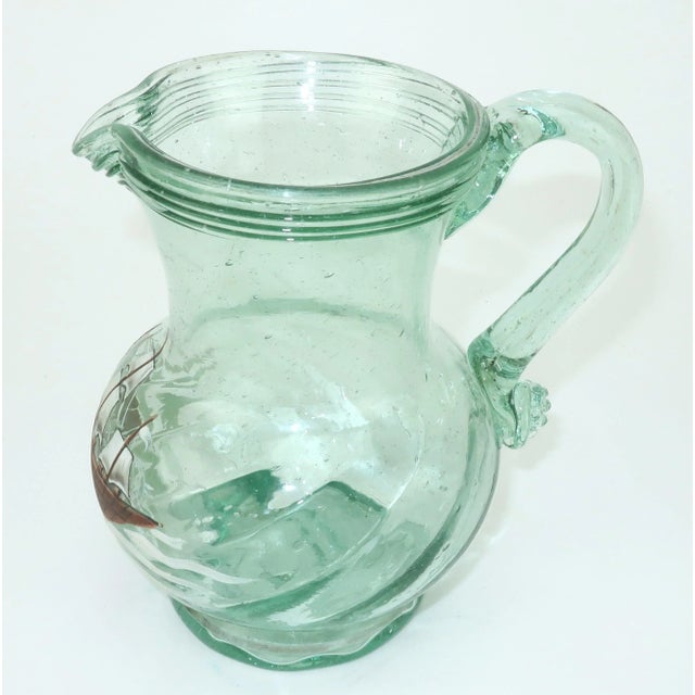 Vintage Hand Blown Glass Bar Pitcher With Painted Ship & Nautical Motif For Sale In Atlanta - Image 6 of 10