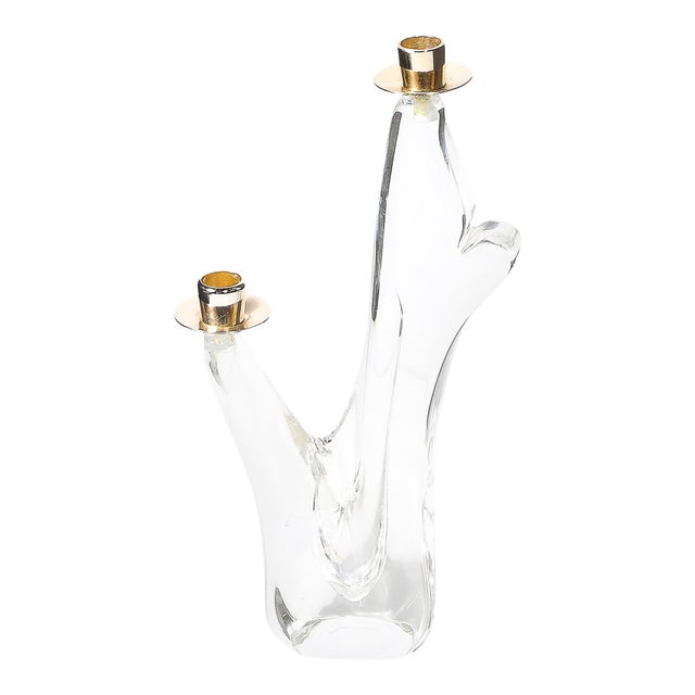 Mid-Century Amorphic Crystal & Brass Two Arm Candelabra Signed Schneider For Sale