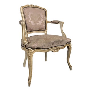 Louis XV Style Cream Lacquered Cabriolet Armchair and Damask Fabric For Sale