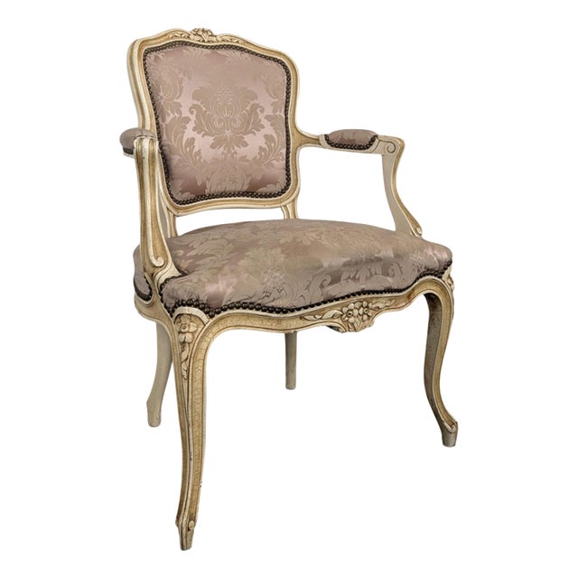 Louis XV Style Cream Lacquered Cabriolet Armchair and Damask Fabric For Sale