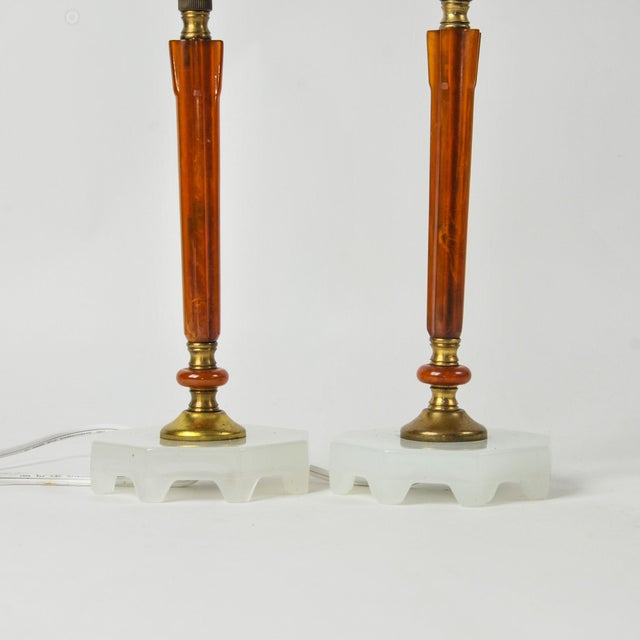 Amber 1930s Art Deco Amber Bakelite Boudoir Lamps - a Pair For Sale - Image 8 of 14