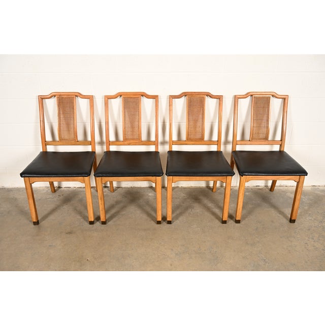 Mid-Century Modern Henredon Style Mid-Century Hollywood Regency Carved Walnut and Cane Dining Chairs, Set of Four For Sale - Image 3 of 16