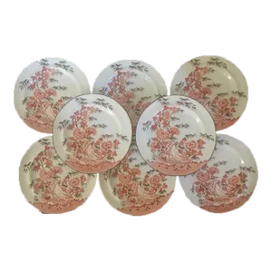 Circa 1810 Spode Creamware Red Orange Chinese Bamboo Pattern Dinner Plates- Set of 8