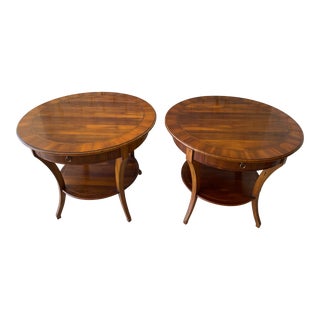 Set of Two Round Inlaid Fruitwood End Tables For Sale