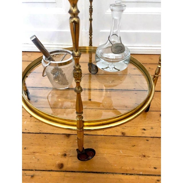 1960s Brass Round Serving Trolley with Smoked Glass Shelves and Removable Tray, 1960s For Sale - Image 5 of 9