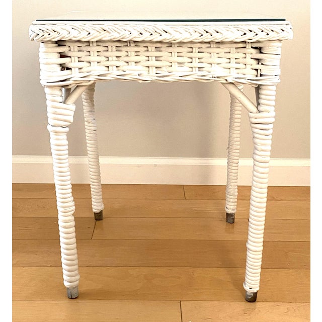 1920s Vintage Rectangular Wicker Side Table. Small. White With Glass Top. 1920’s. For Sale - Image 5 of 7