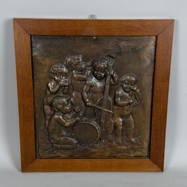 High Relief Bronze Panel with Cherub Musicians in Wooden Frame, 20th Century For Sale - Image 11 of 11