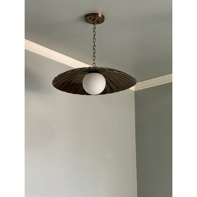 Art Deco Brass Flush Mount Ceiling Light With Adjustable Chain and Milk Glass Globe For Sale - Image 3 of 7