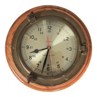 Vintage Brass and Wood Quartz Porthole Ship’s Clock For Sale