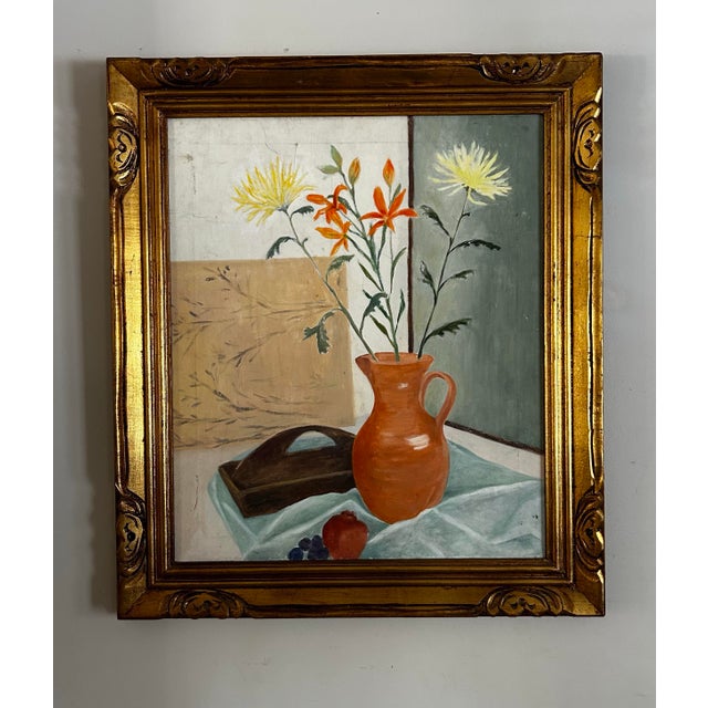Vintage mid century oil painting on canvas depicting a still life with yellow flowers and an orange vase. Painting is oil...