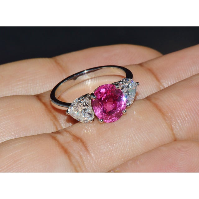 Late 20th Century Gia 4.47Cts No-Heat Mozambique Ruby & D Vvs2 Heart Diamond Platinum Three Stone Ring, Size 6 For Sale - Image 10 of 18