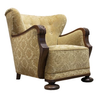 Vintage Swedish Wingback Chair with Golden Velvet and Carved Oak Armrests, 1920s For Sale